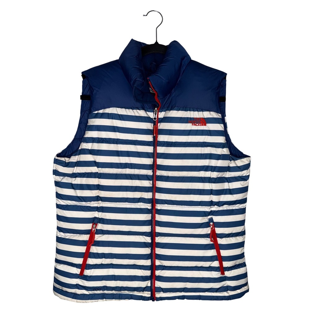 The North Face 700 Down Puffer Vest Womens Large Blue White Striped Good‎ Nuptse